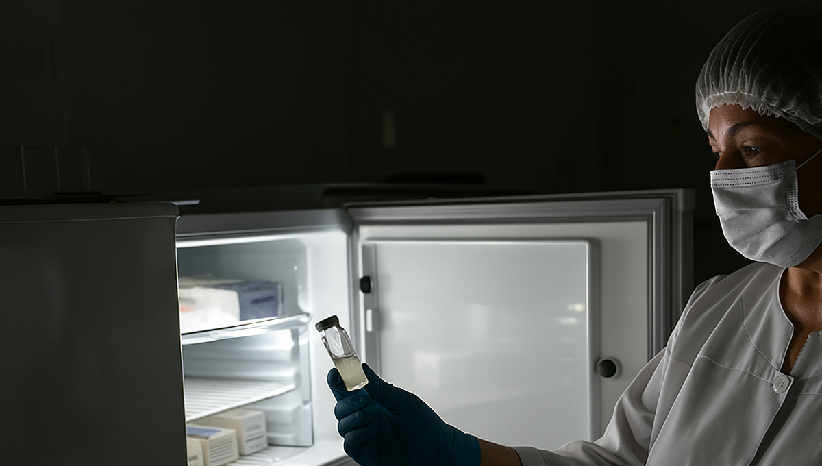 lady taking contents out of a medical freezer in blackout environment