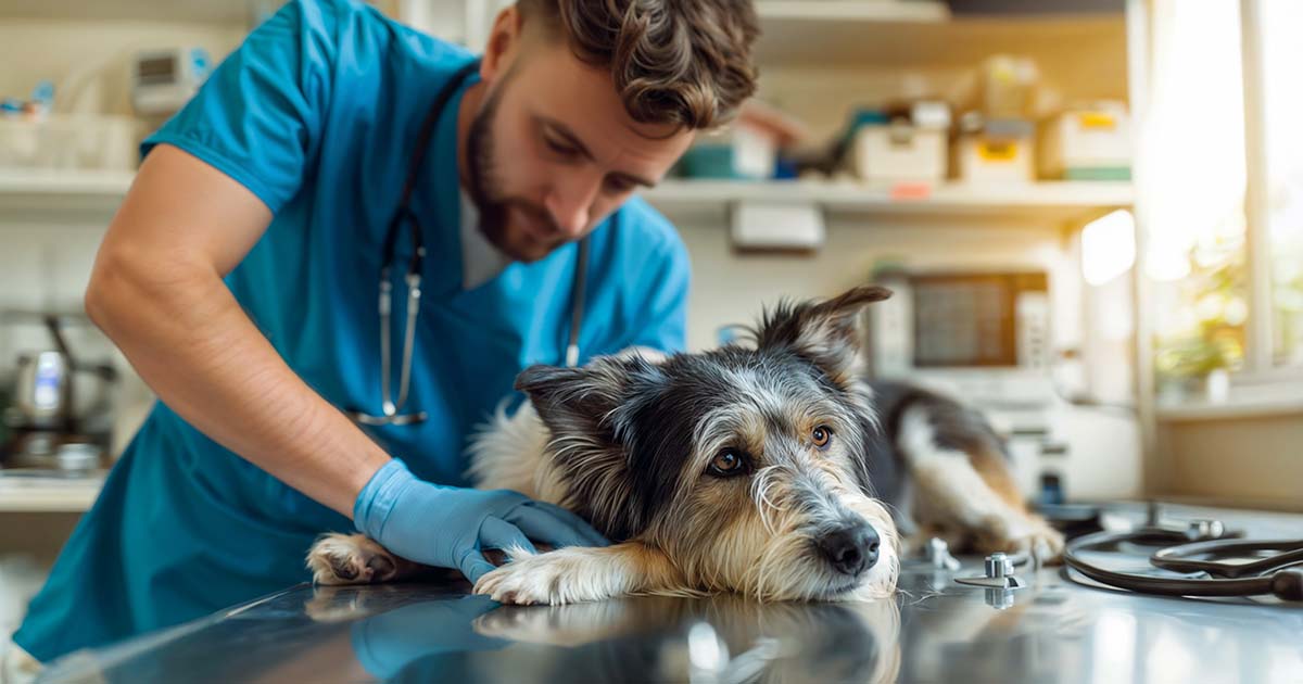 vet looking at dog on practice table